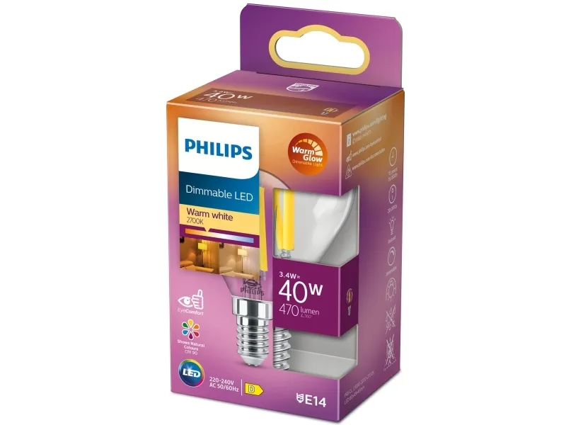 Philips - LED-filament-lyspære - form: P45 - klar finish - E14 - 3.4 W (tilsvarende 40 W) - klasse D - varmt hvidt lys - 2200-2700 K