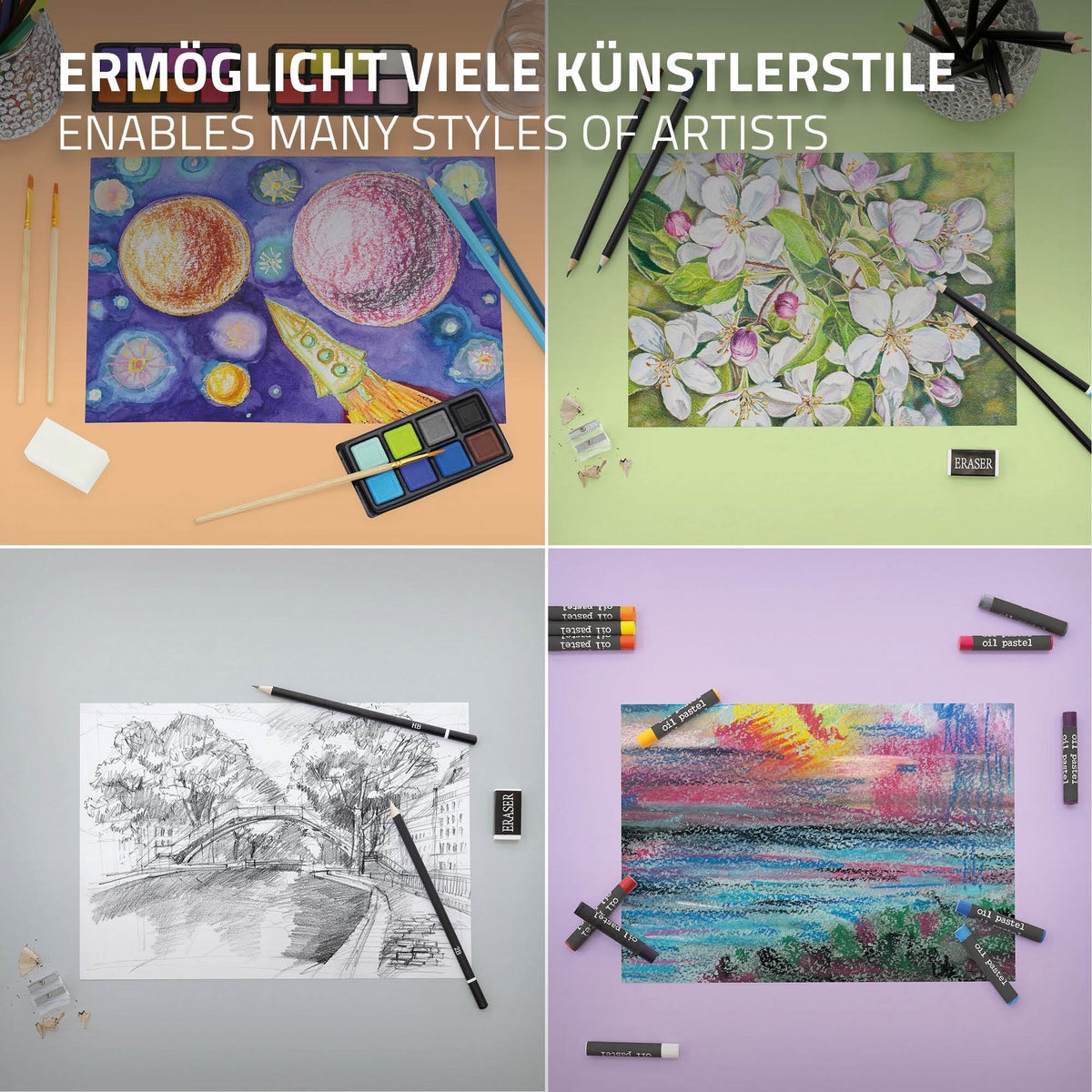ECD Germany 109-delige schilderset met houten koffer, teken- en schilderkoffer voor kinderen, verfdoos, kunst- en tekenset, kleurpotloden, waterverf, oliepastelkrijt en veel accessoires, tekenset voor kunstenaars