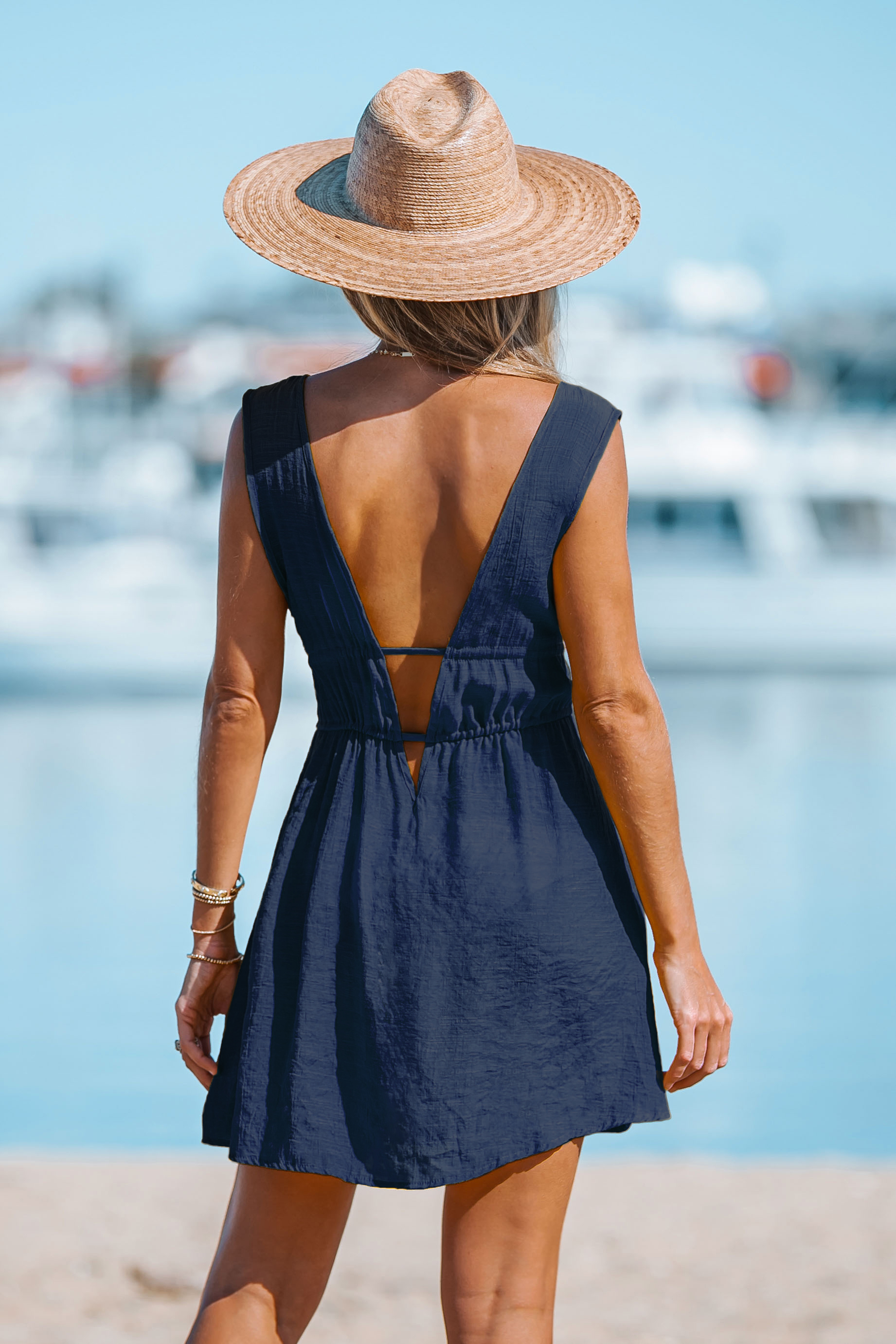 Robe cover up avec col plongeant à double ceinture bleu marine