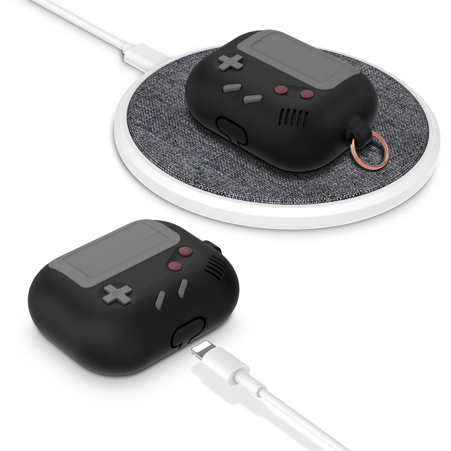 AirPods Pro Gummi Schutzhülle Retro Spielekonsole Abdeckung mit Karabinerhaken - Schwarz