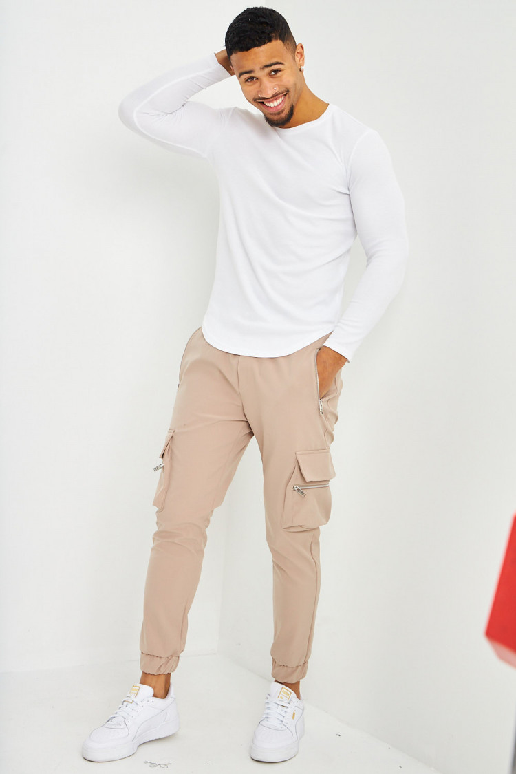 Jogging beige à poches cargo zippées