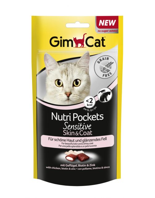 Gimcat Nutri Pockets Sensitive Skin En Coat - Kattensnack - Gevogelte Biotine Zink 50 g