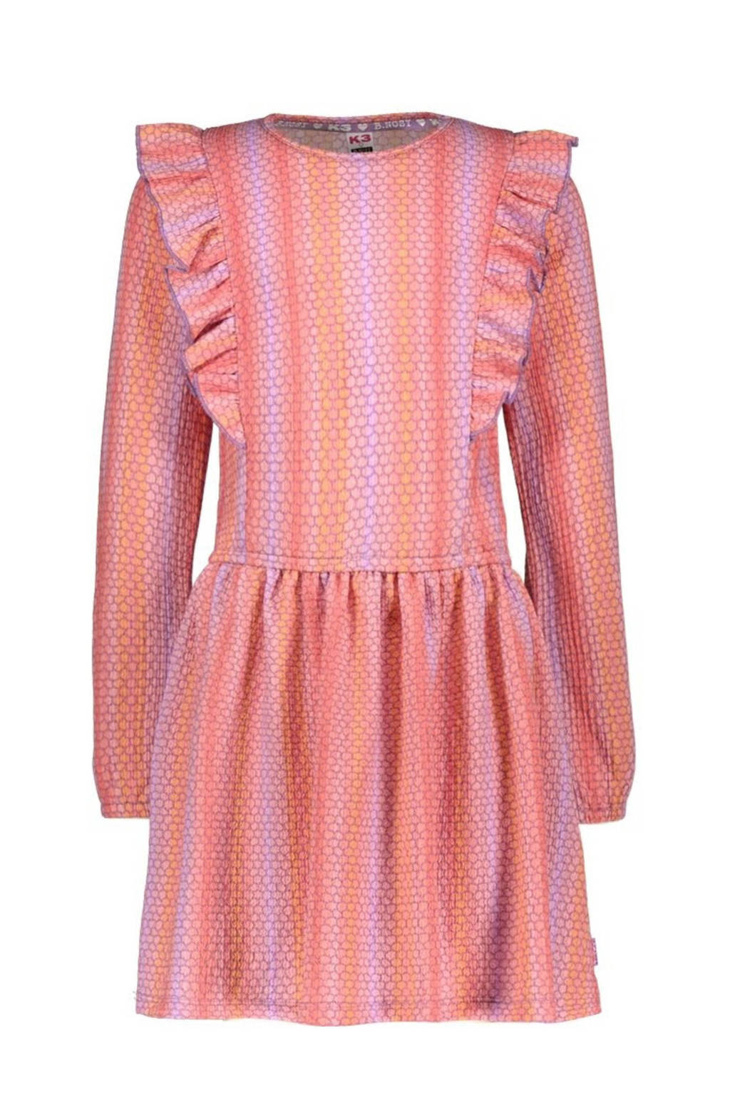 B.Nosy K3 jurk Doutzen met all over print en ruches roze/perzik/lila