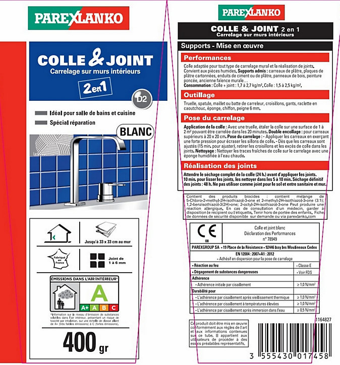 Colle et joint carrelage mur intérieur Parexlanko blanc 400 g