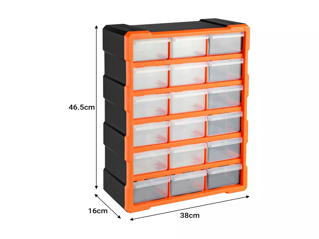Boîte à outils de rangement, 18 tiroirs extensible en plastique, 38x16x46.5cm, Orange