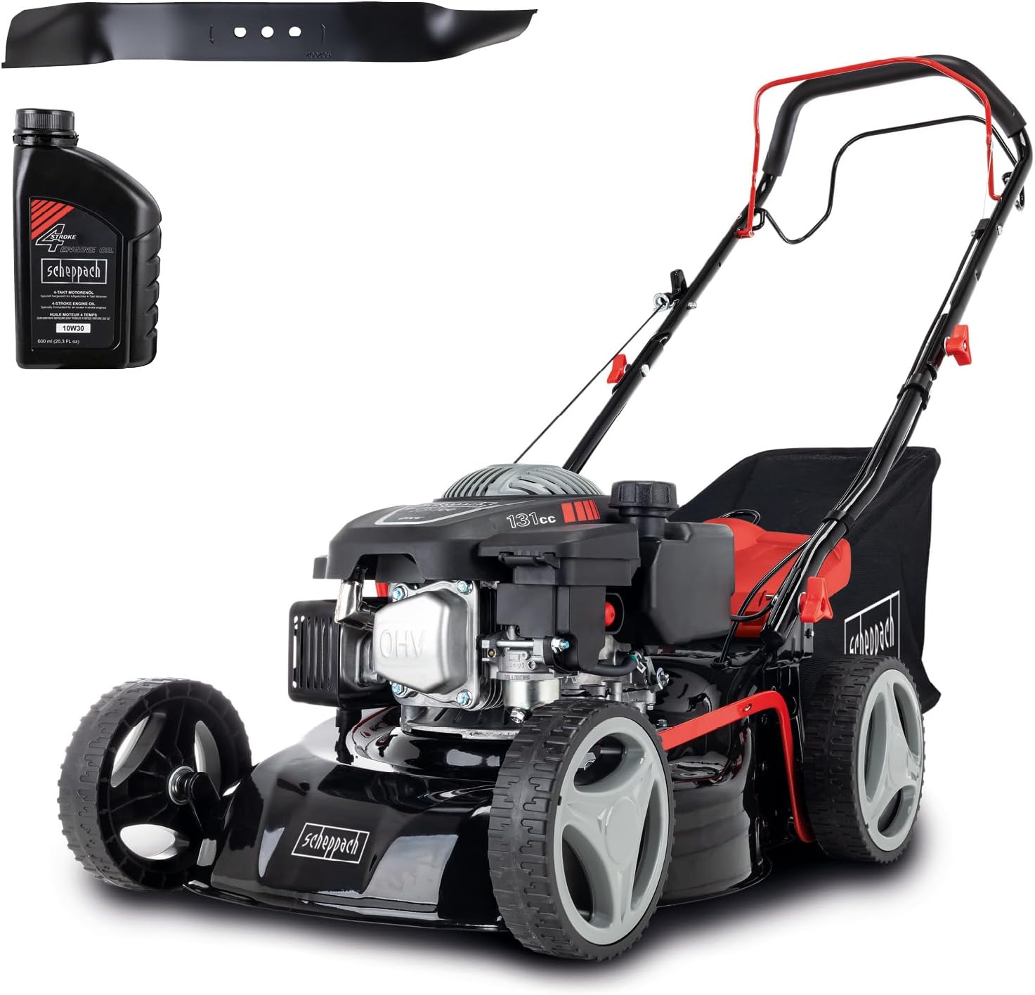 Scheppach Rasenmäher RM420A | 5 in 1-3,3PS | Schnittbreite 420mm | 45L Fangkorb | Schnitthöhenverstellung 25-75 mm | inkl. Radantrieb, Reinigungsfunktion & Motoröl & 2. Mähmesser