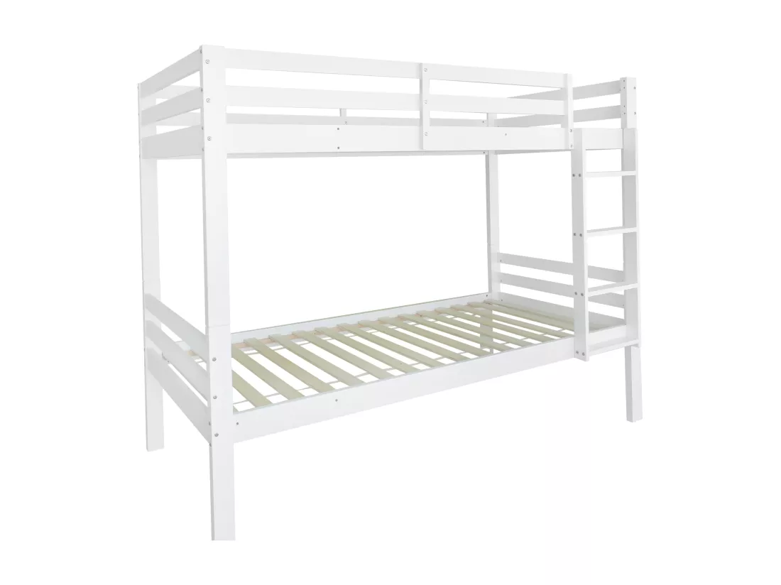 Lit superposé pour enfants avec échelle d'angle à trois niveaux et protection contre les chutes, cadre en pin, blanc, 90x200cm