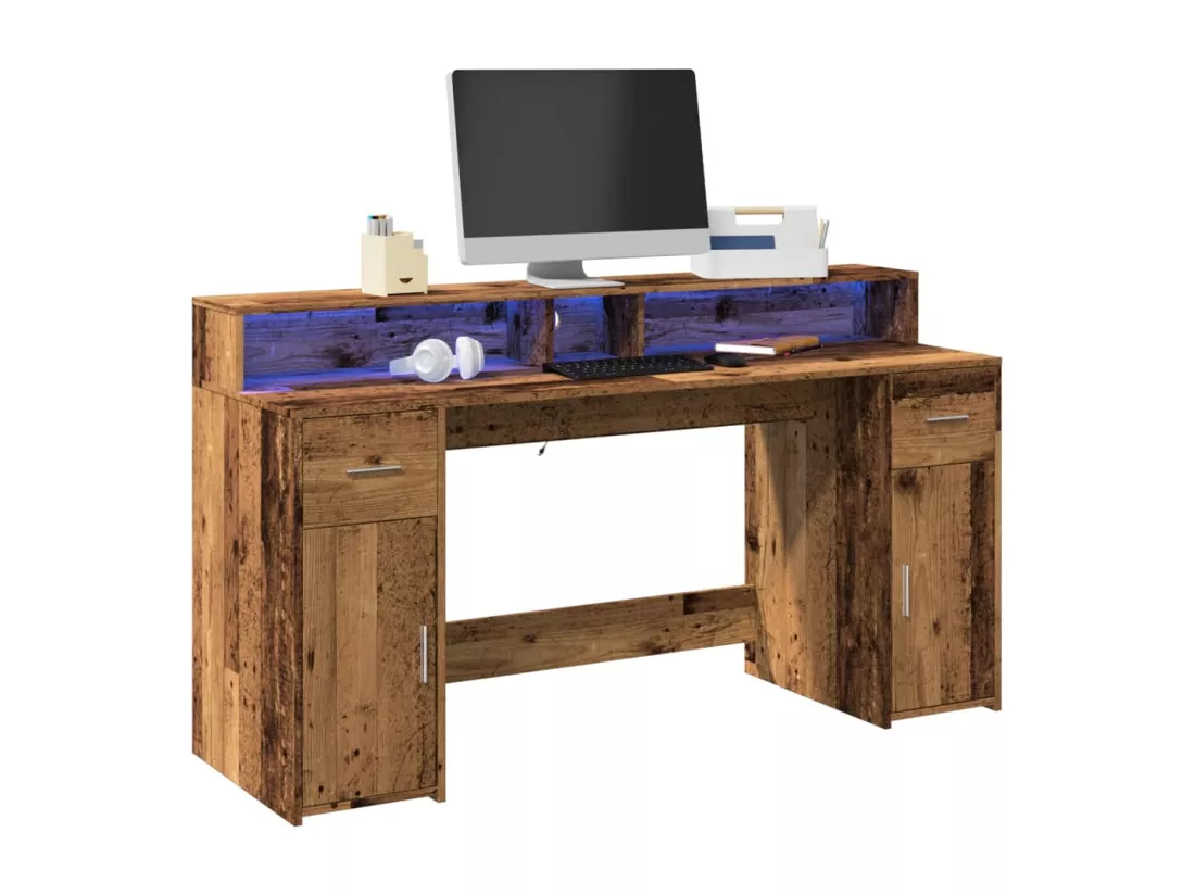 Bureau avec lumières LED vieux bois bois d'ingénierie