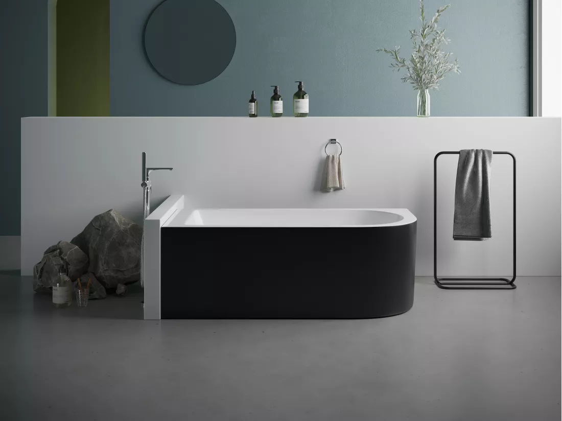 Baignoire d'angle - 240L - 170 x 75 x 58 cm - Noir brillant - Angle gauche - ANIKA
