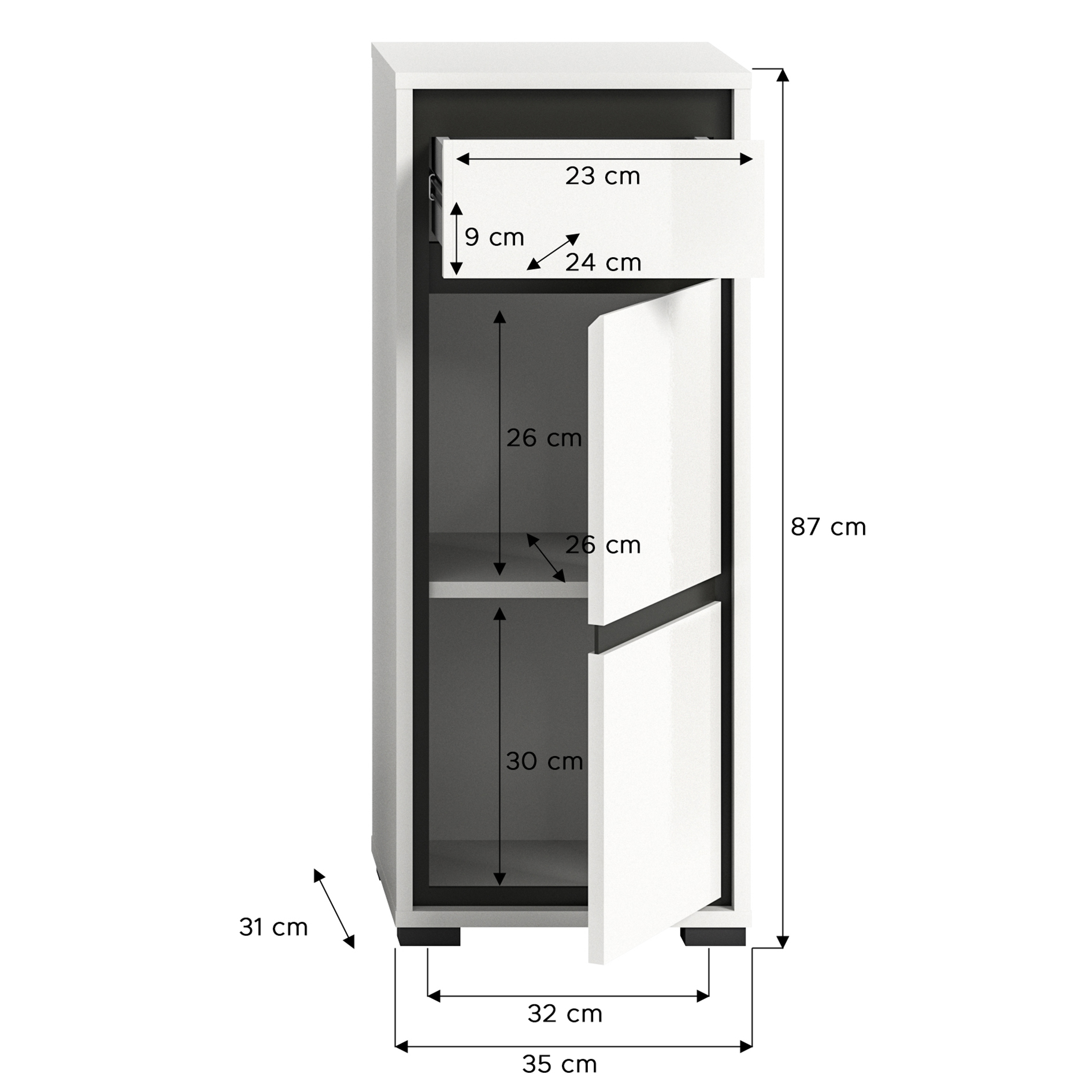 Badunterschrank JARU - weiß Hochglanz - 35 cm breit