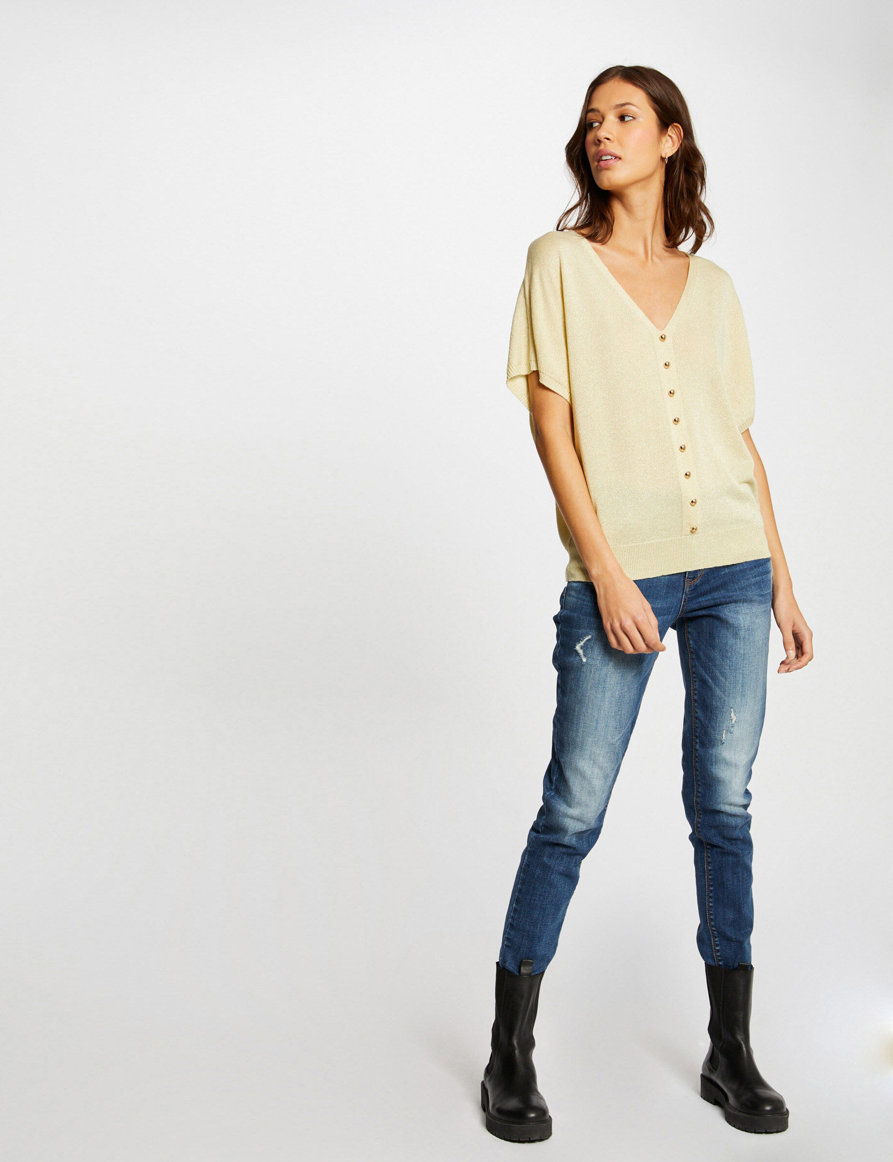 Pull manches courtes avec boutons jaune paille femme - jaune_paille