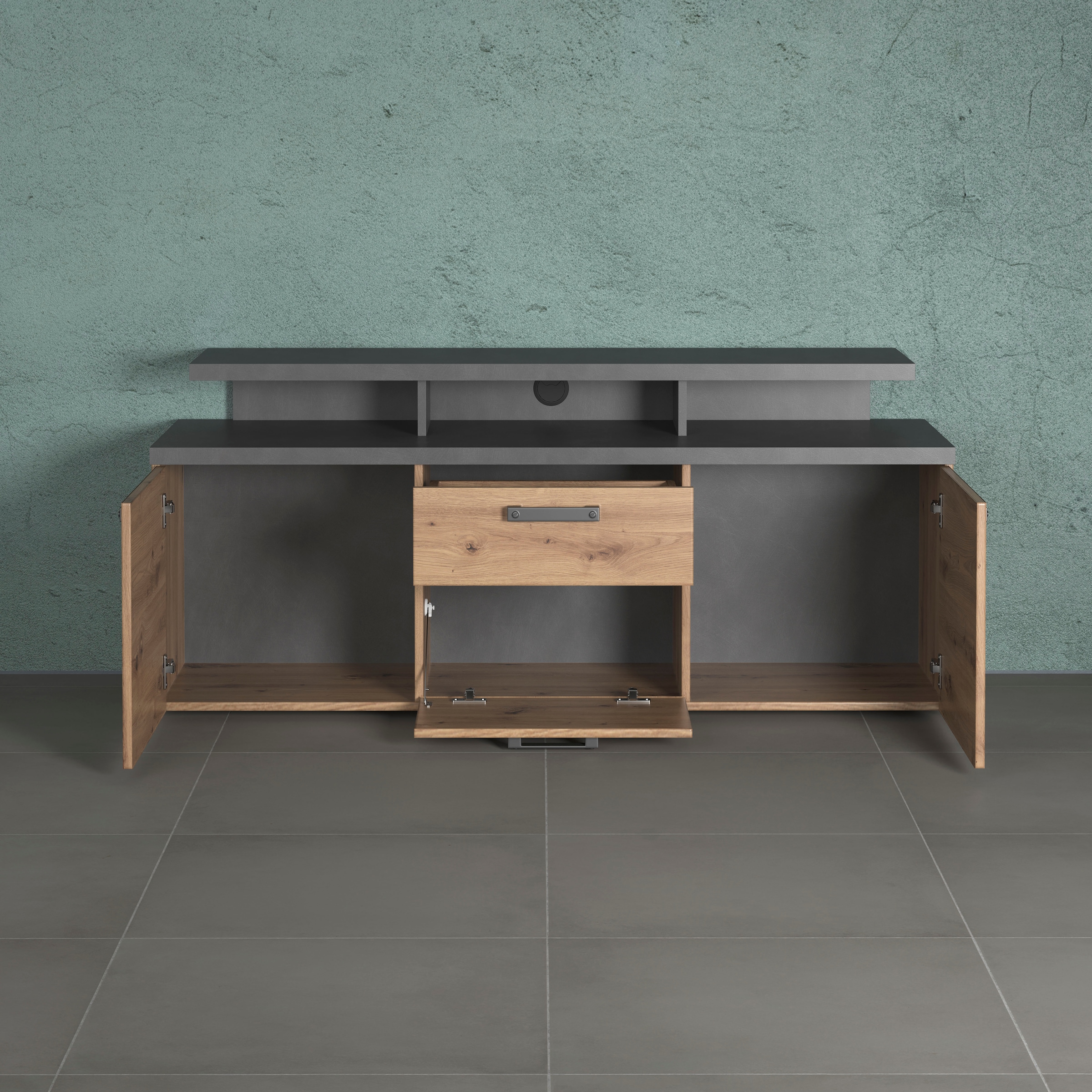 Home affaire TV-Schrank »Ambres« 1 Stk. tlg. Lowboard inklusive Aufsatz in Eiche/Grau - Mit Vollauszug-Funktion