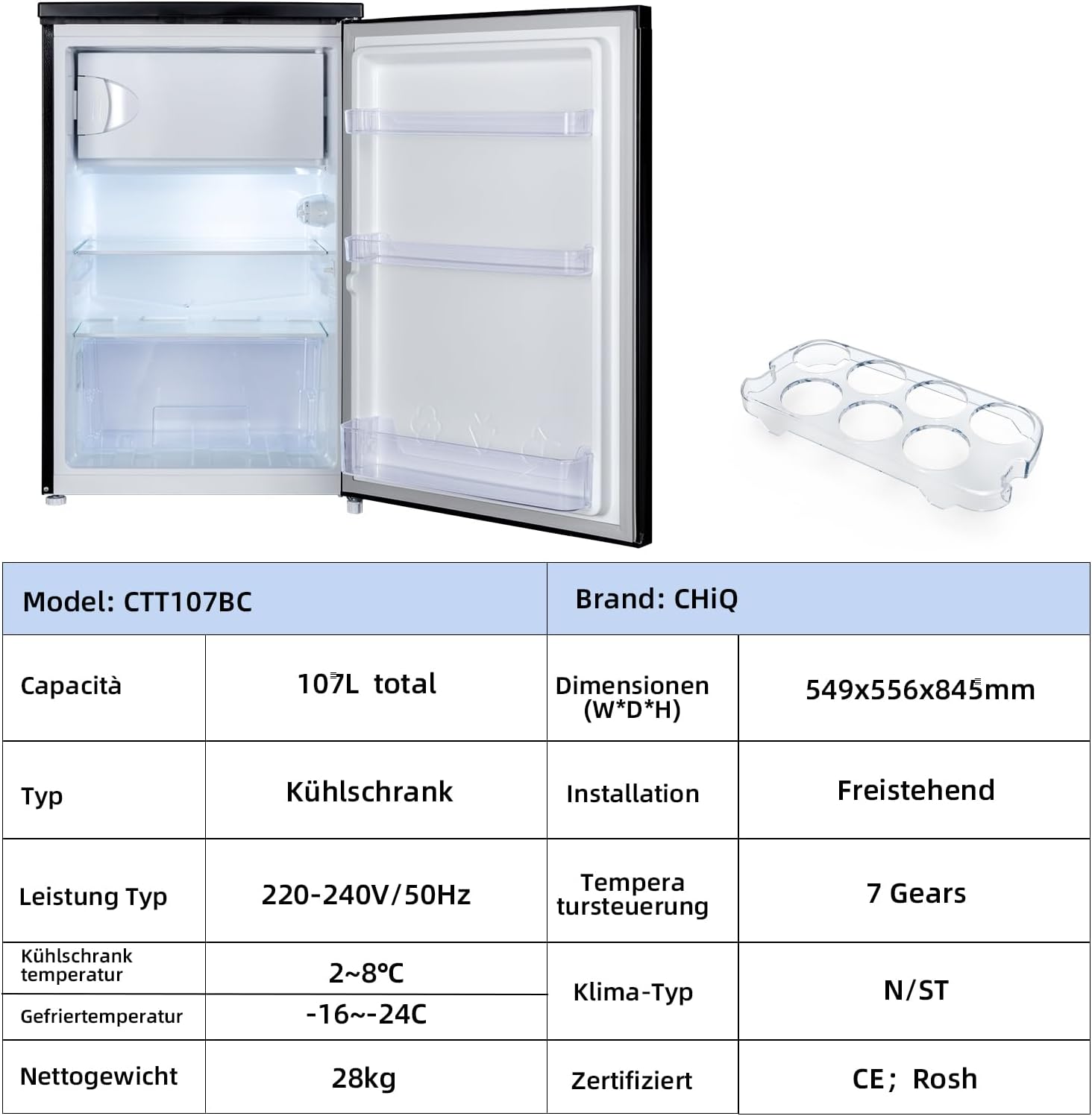 CHIQ kühlschrank mit gefrierfach 107 Liter, mit 13L Gefrierfach｜EEK C, 87 kWh/Jahr | 4-Sterne-Gefrieren, -24 °C bis -16 °C| geräuscharm, Schwarz, CTT107BC