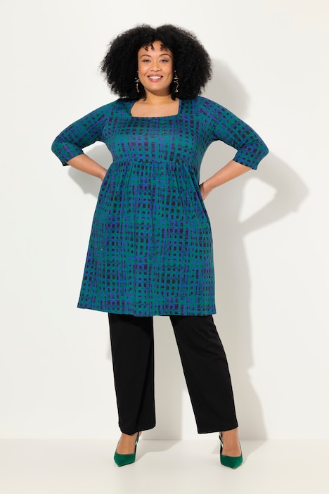Longshirt, Karo, A-Linie, Carree-Ausschnitt, 3/4-Arm