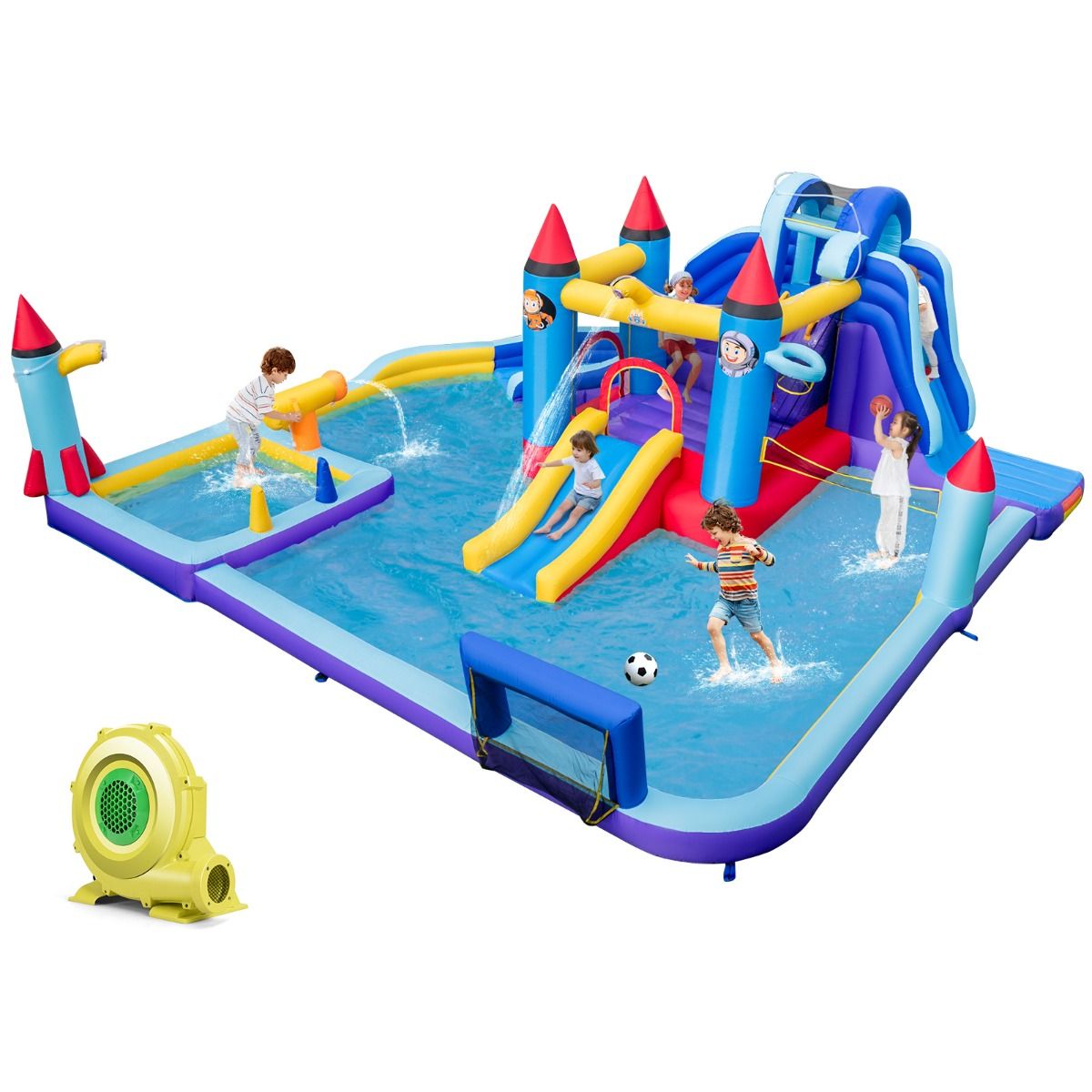 Château Gonflable à Toboggans Aquatiques Thème de La Fusée pour Enfants Piscine Zone de Saut Pistolet à Eau Escalade Souffleur de 850 W Multicolore - Lidl-Manfred