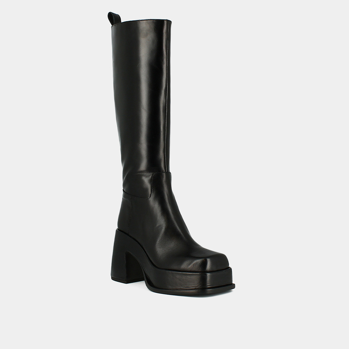 Bottes à plateformes et bouts carrés  en cuir noir