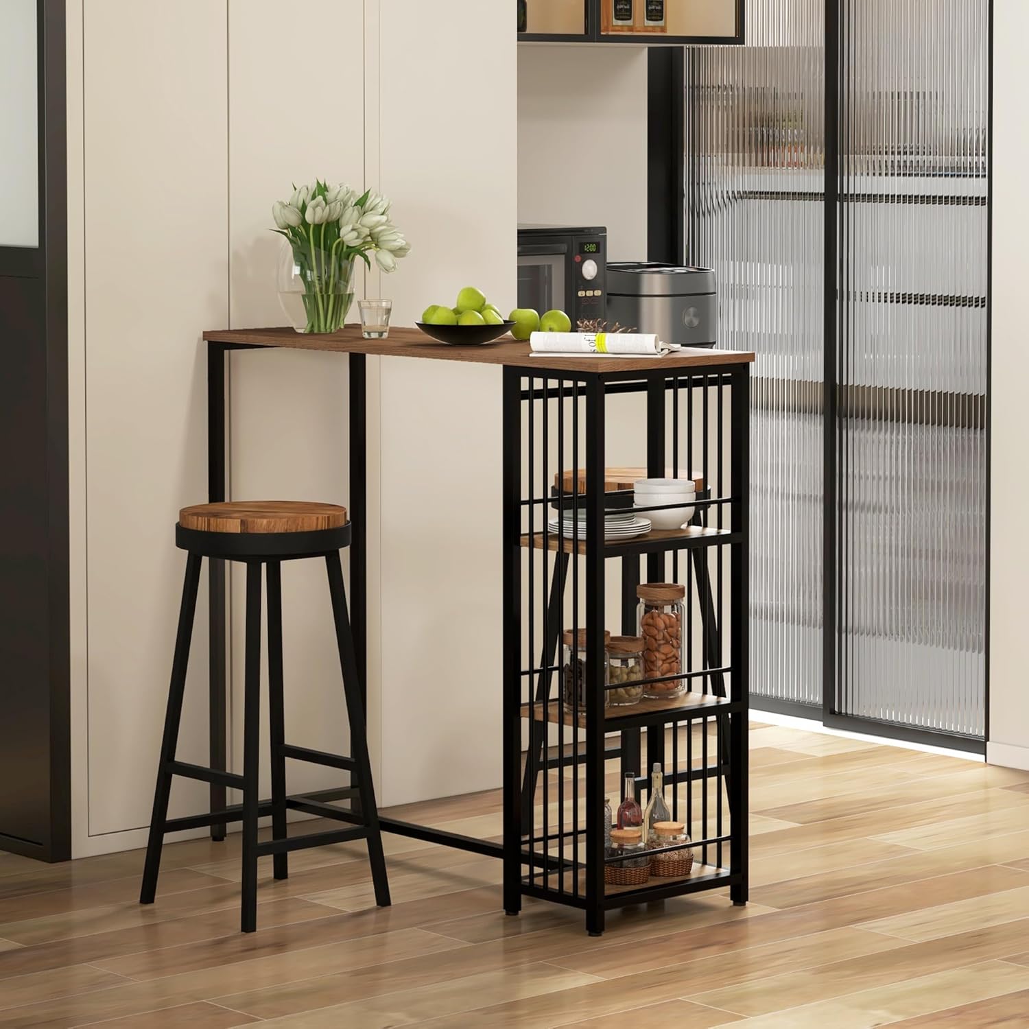 HOMCOM Bartisch Stehtisch Tresentisch mit 3 Ablageflächen Bartheke Küchentisch mit Holzoptik, Stahlgestell, für Esszimmer, Küche, Braun, 120 x 40 x 105 cm