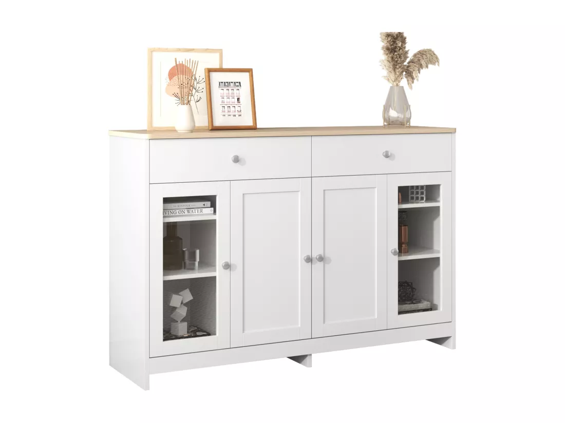 Buffet en bois blanc veiné 120 Lx37 Bx80H(cm) - Buffet avec 4portes avec verre et 2 tiroir pour cuisine, salon, salle à manger - Blanc