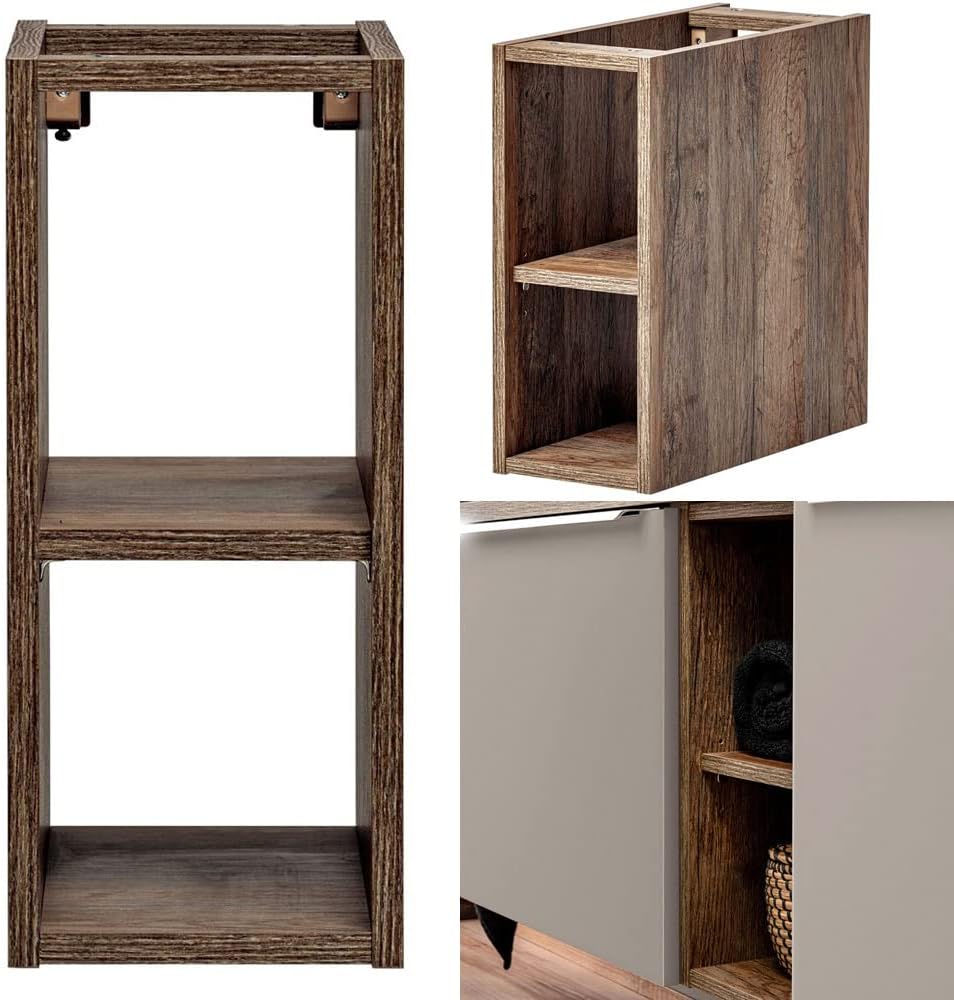 Lomadox Badmöbel Komplett Set in Taupe mit Vintage Eiche, 180cm Doppel Waschtischunterschrank, 2 Keramik Waschbecken, Regale, 2 LED-Spiegelschränke, 2 Hochschränke