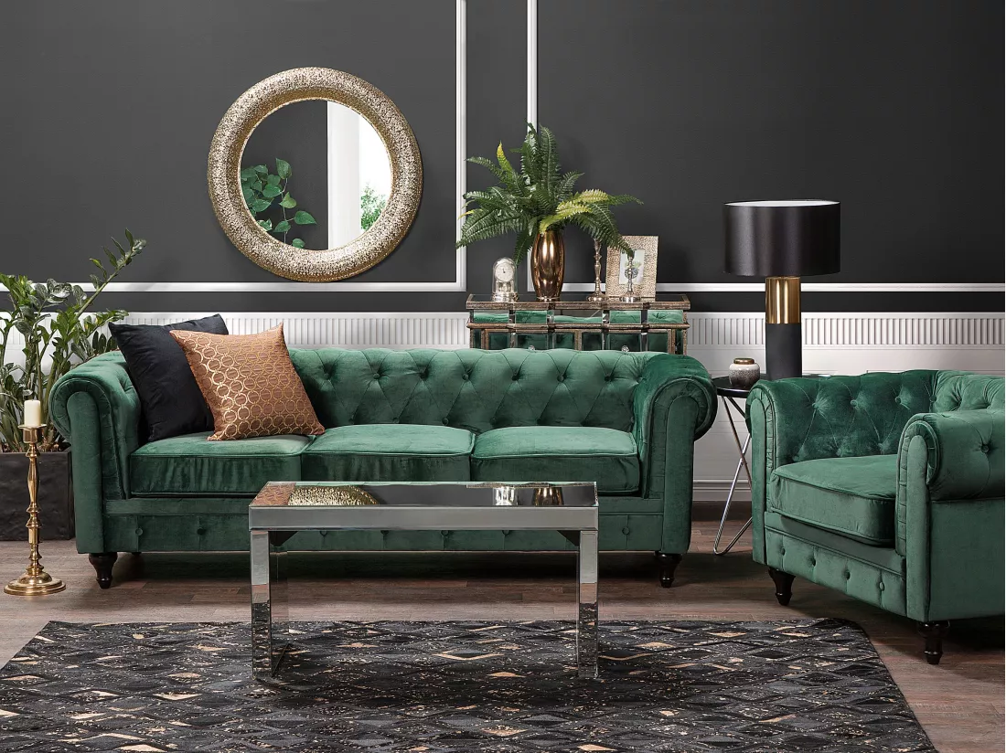 Ensemble canapé et fauteuil en velours vert 4 places CHESTERFIELD