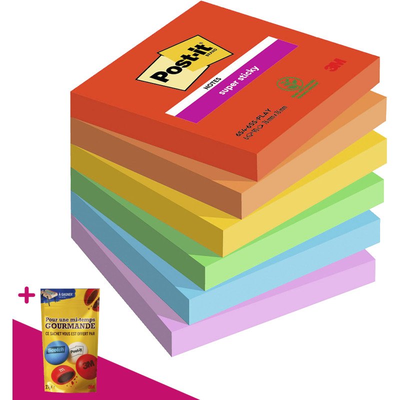 Notes repositionnables couleurs Playful Super Sticky Post-it - bloc de 90 feuilles = Pour l'achat 12 notes repositionnables, 1 sachet de M&M OFFERT
