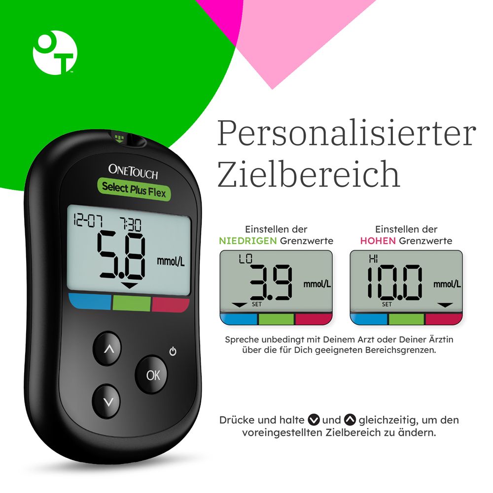 OneTouch Select Plus Flex® Diabetes Starter-Set mmol/l, 40 Teststreifen, 40 sterile Lanzetten, 1 Stechhilfe