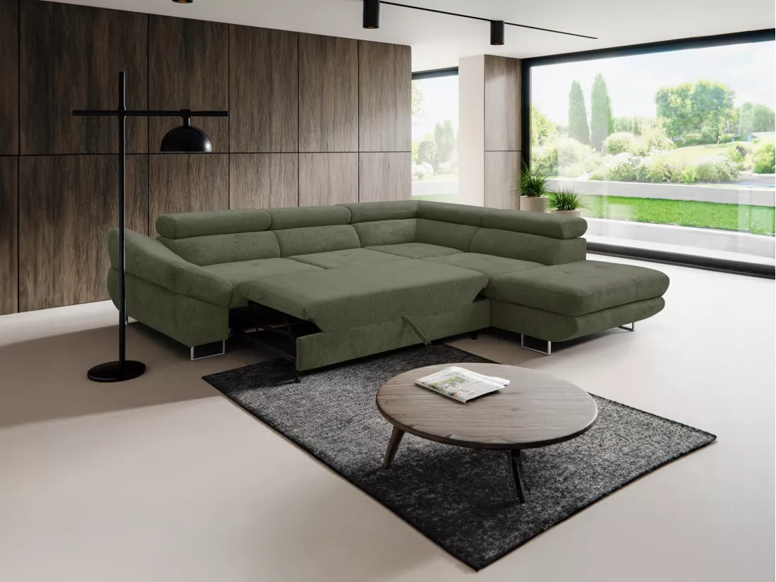 Canapé d'angle droit convertible en tissu texturé vert DALIAS