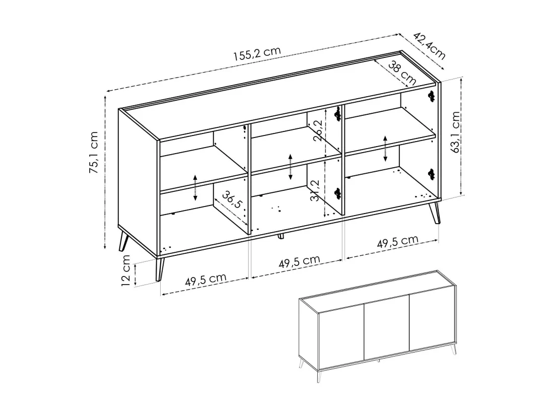 Buffet Dadop-vous, Buffet de salon, Buffet de salon moderne avec 3 portes, 155x43h75 cm, Chêne et Anthracite