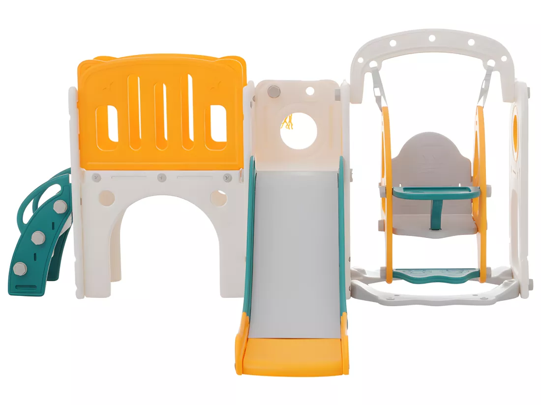 Toboggan pour enfants 7 en 1 - composé d'un toboggan, d'une balançoire, d'un panier de basket, d'un escalier, d'un tunnel, d'un passerelle et d'un rangement - Polyéthylène - Vert