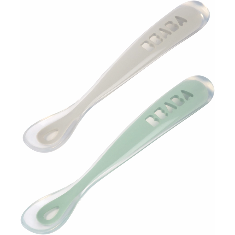BEABA® Babylöffel 2er Set aus Silikon 1. Alterstufe, velvet grau salbeigrün