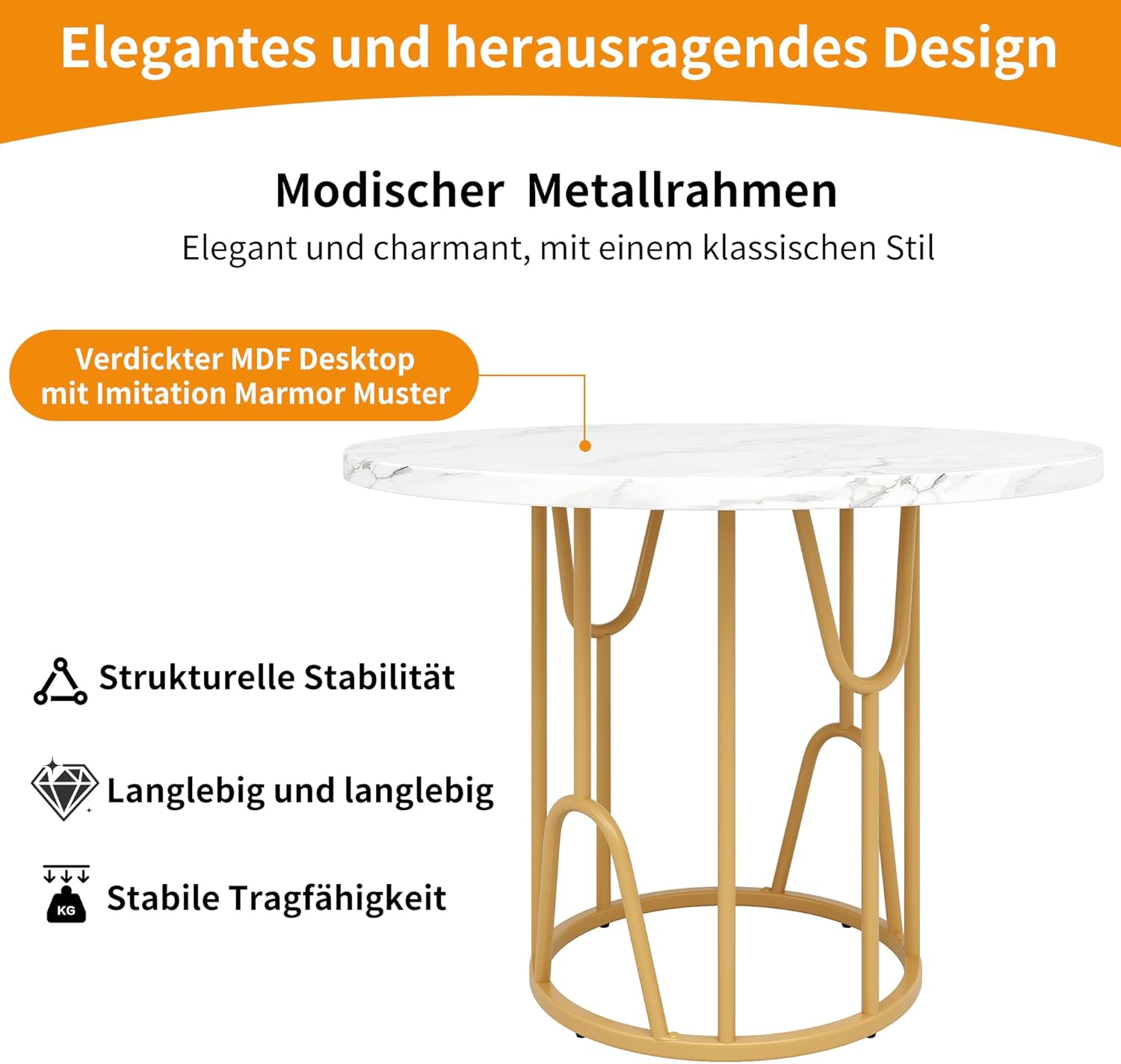Runder Esstisch 80cm weiß mit Marmoroptik und goldfarbenen Metallbeinen, Küchentisch & Esszimmertisch für 4-6 Personen, moderner runder Tisch mit stabilem Design