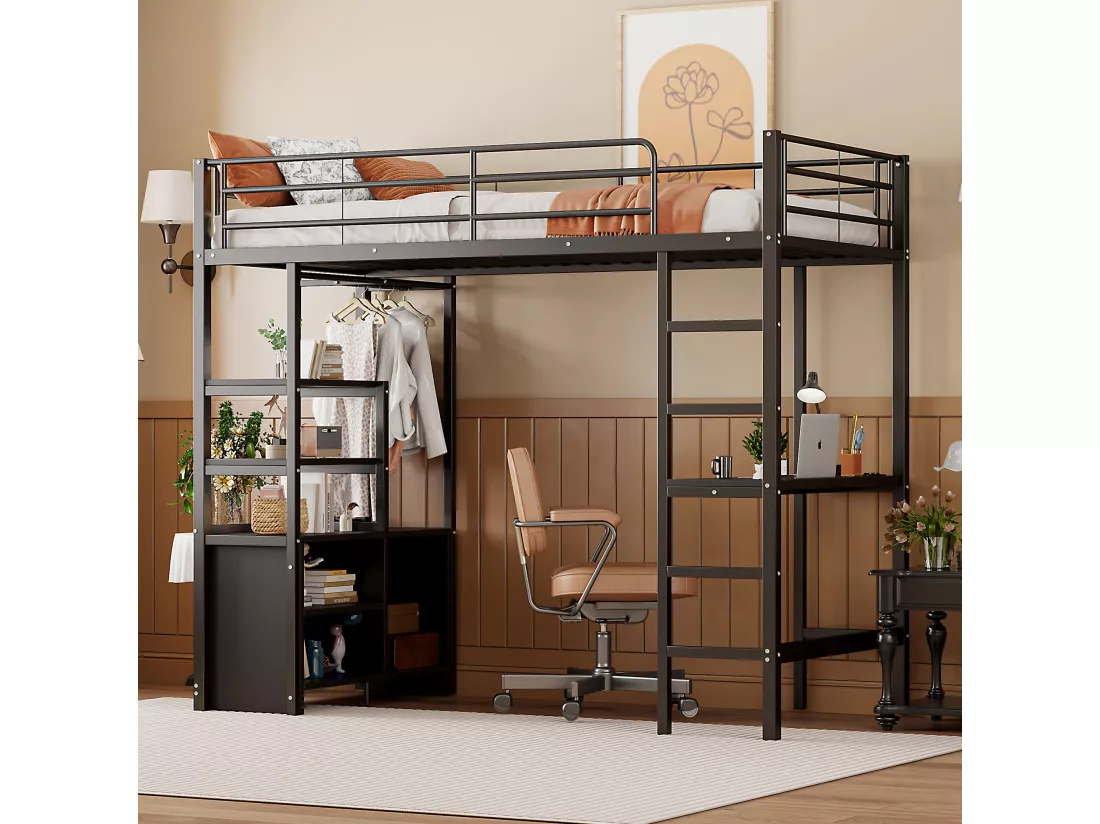Lit mezzanine 90 x 200 cm avec bureau, prises USB, placard de rangement ouvert - Métal + MDF - Noir (sans matelas)
