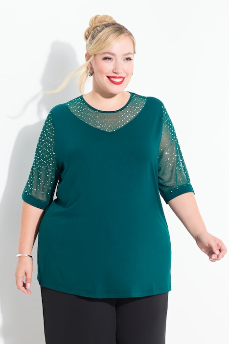 T-Shirt, Classic Fit, Mesh mit Pailletten, Jersey-Unterlage