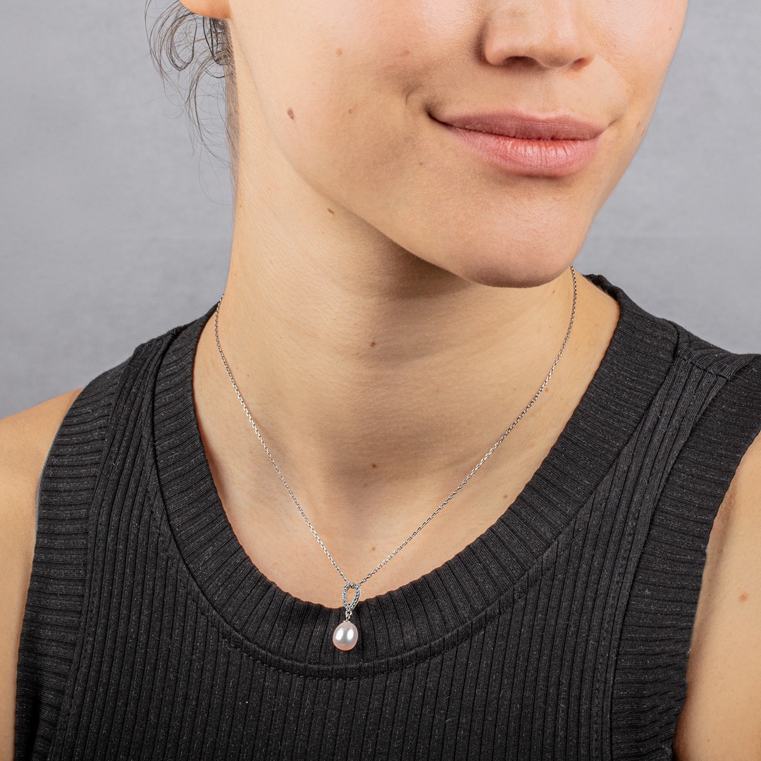 Collier mit Anhänger 925 Silber rhodiniert mit Kunstperle und Zirkonia
