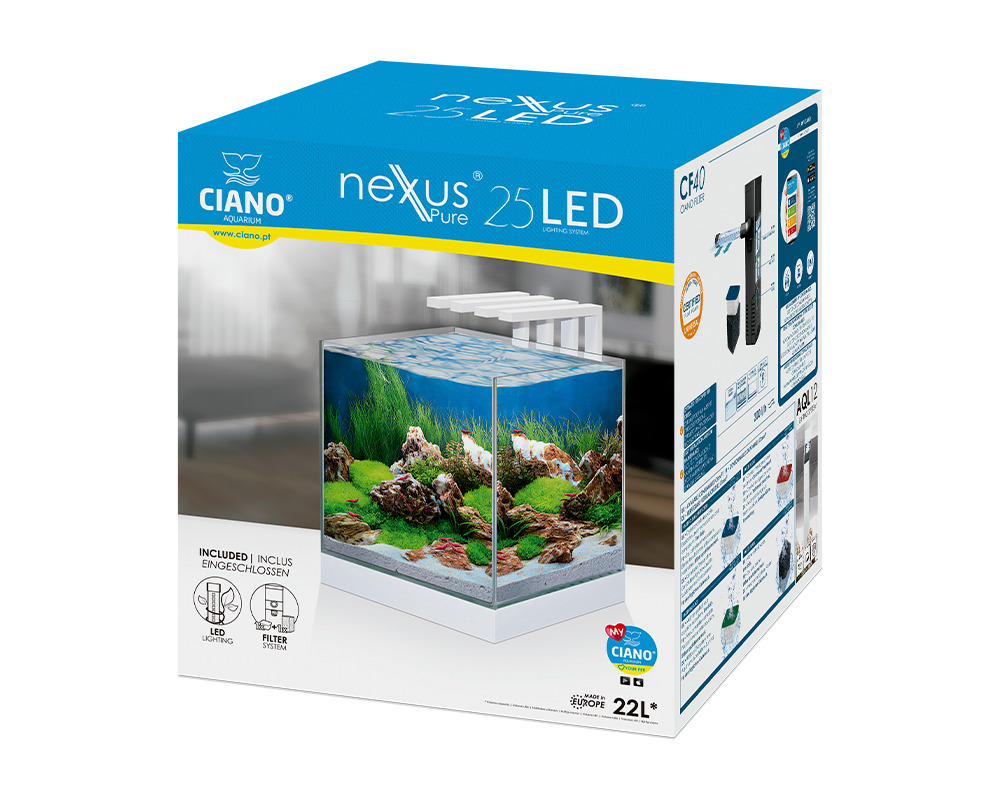 Aquário Nexus Pure Cube 25 - Conjunto completo de 22 litros com LED, filtro interno e consumíveis.