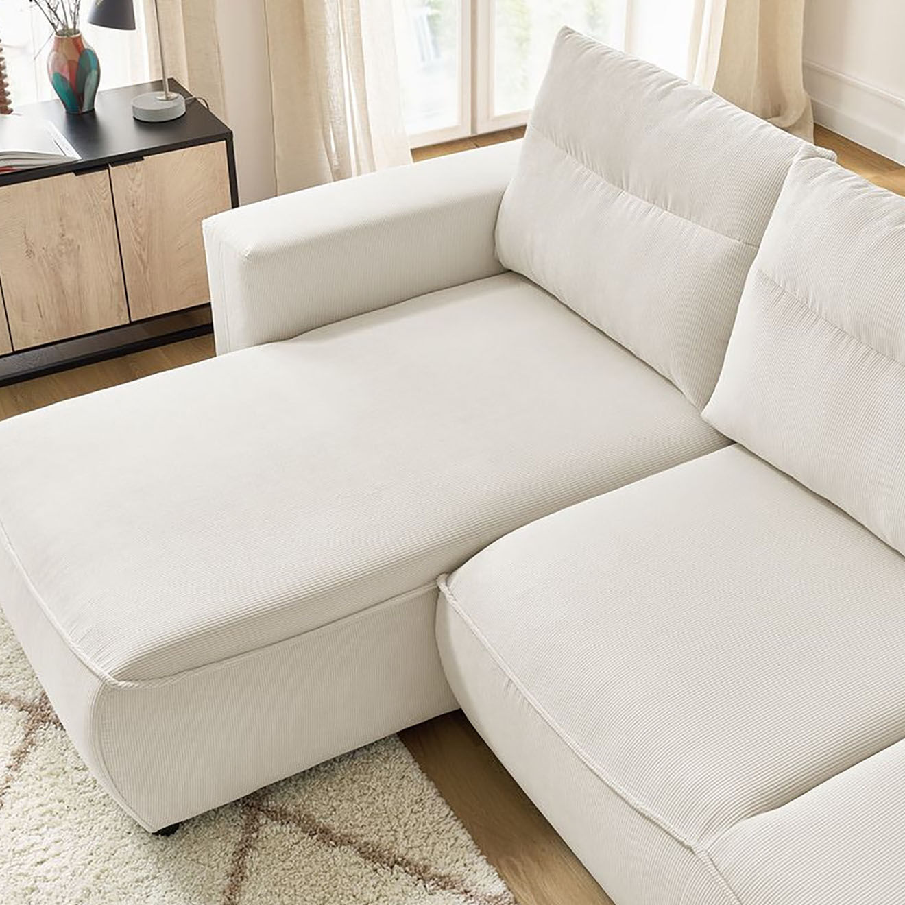 Bobochic Canapé d'angle gauche convertible coffre jasmin velours côtelé beige - 256x158x90 cm