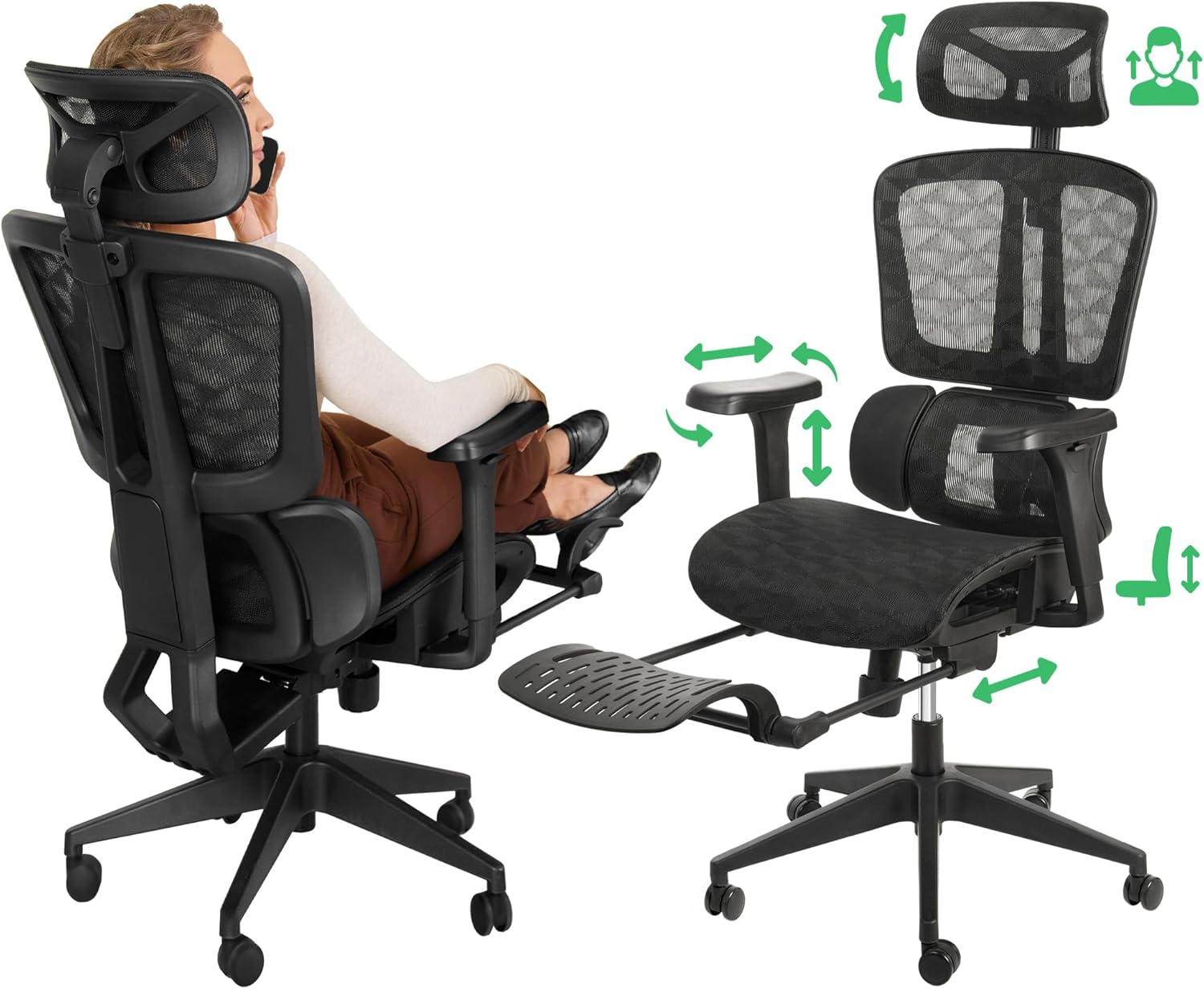 di volio Bürostuhl Romalo – ergonomischer Schreibtischstuhl mit Kopfstütze & Fußstütze, atmungsaktives Mesh, schwarz