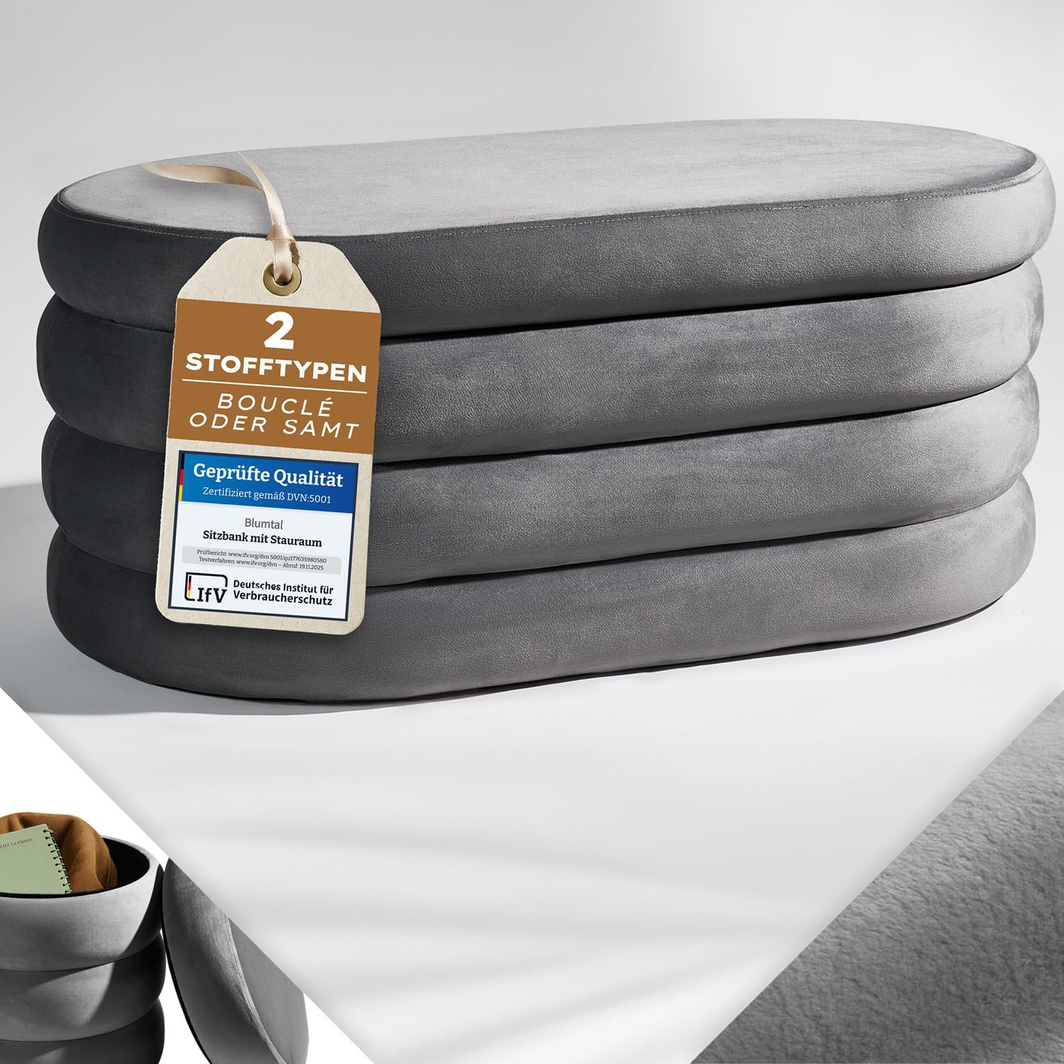 Blumtal Sitzbank mit Stauraum XL oval, Samt-Bezug - robuste Polsterbank mit Stauraum Samtoptik extra weich 110 x 45 x 42.5 cm - Schuhbank - wunderschöner Samt-Look - Ottoman Grau
