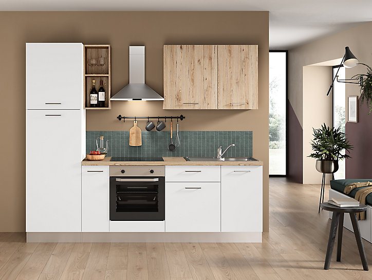 Cuisine complète pré-montée All In Urban décor bois et blanc mat L. 255 cm avec électroménager