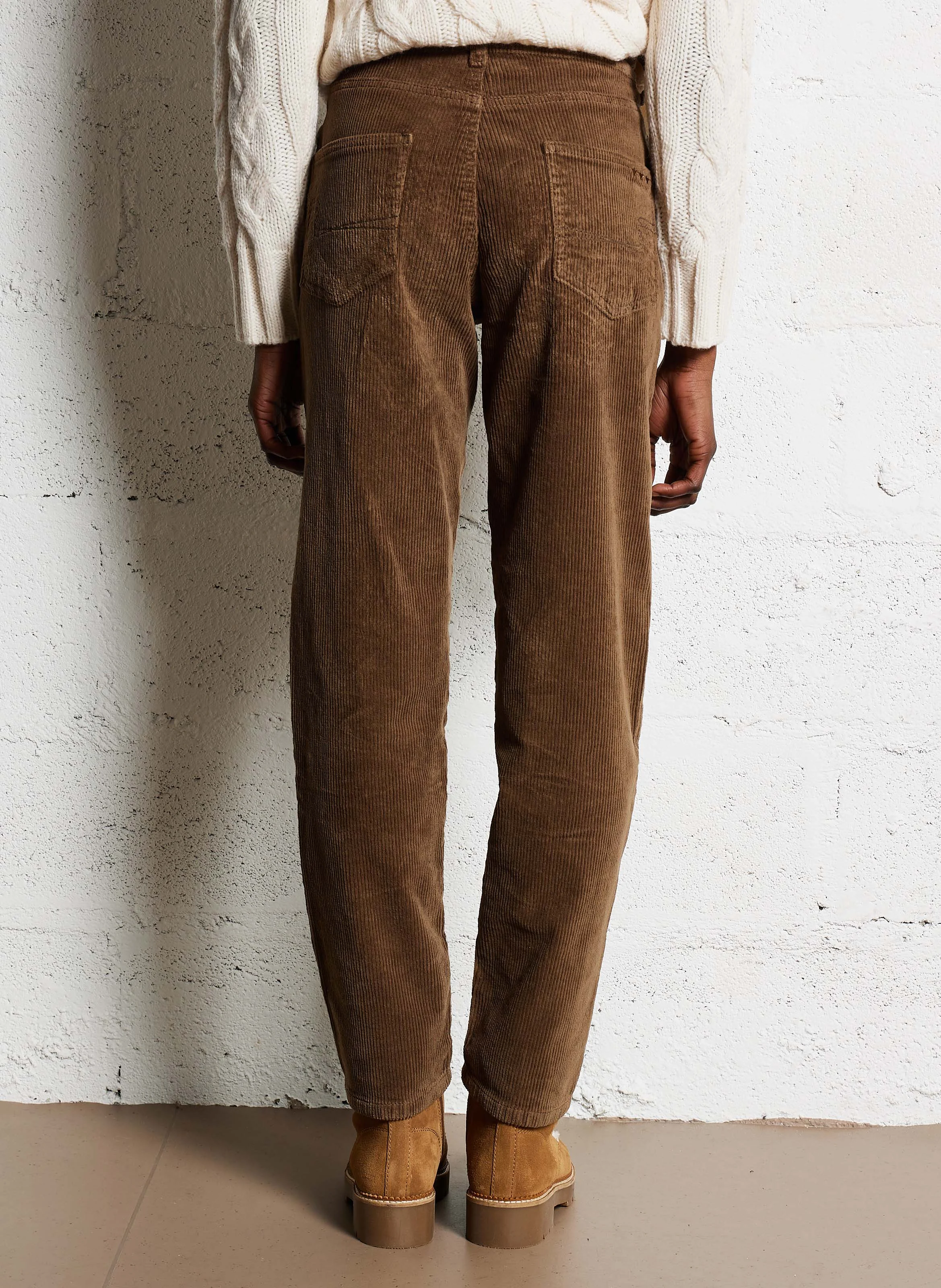 PAVLINA - Pantalon droit velours côtelé en coton stretch| Kaki