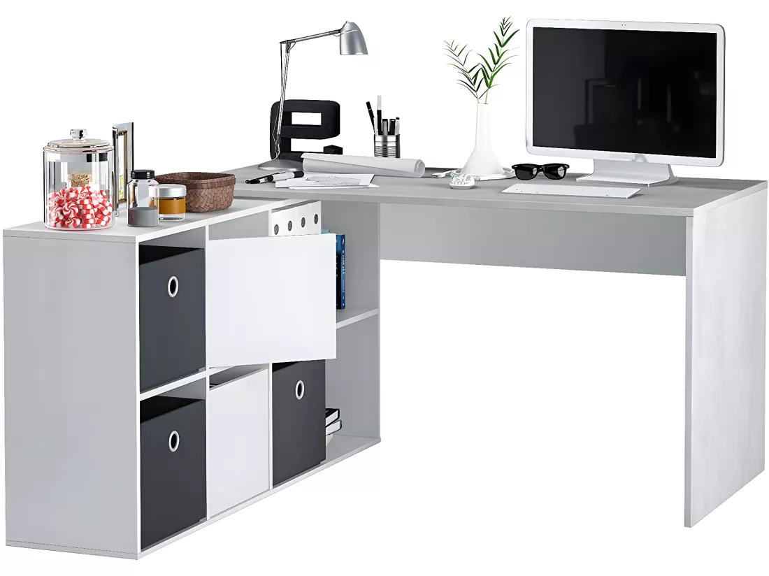 Bureau avec caisson coloris Blanc artic / béton- Hauteur 74 x Longueur 136 x 139 cm