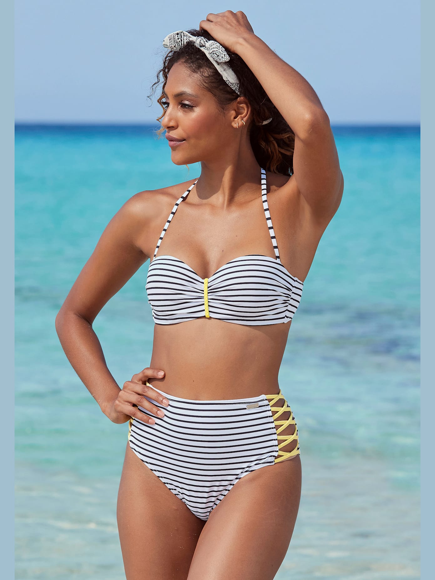 Bas de maillot de bain taille haute look rayé