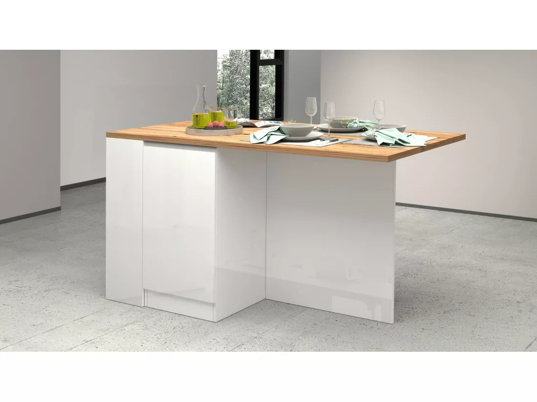 Îlot de cuisine Dcannaval, Armoire polyvalente, Meuble de kitchenette, Table auxiliaire, 100% Made in Italy, 160x90h90 cm, blanc brillant et chêne