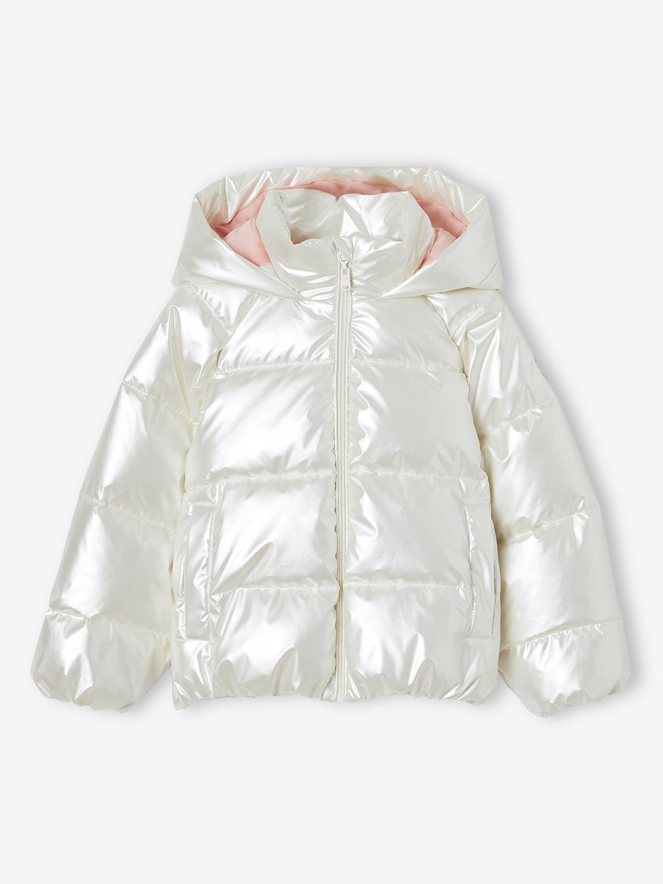 Jaqueta acolchoada com forro de lã, capuz e efeito perolado para meninas, cor off-white.