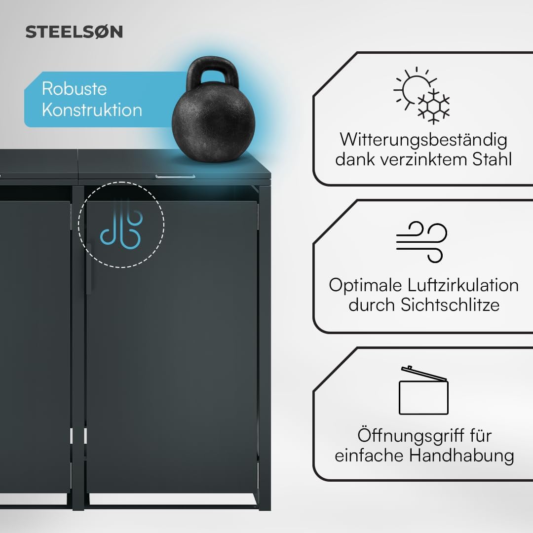 STEELSØN Thoria 3er Mülltonnenbox bis 120L – Müllcontainer für 3 Tonnen aus verzinktem Stahl – Mülltonnenverkleidung in Anthrazit wetterfest – hochwertige Müllbox/Gerätebox