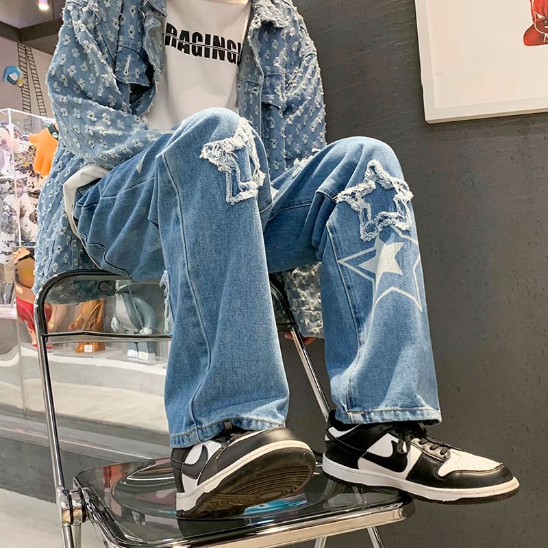 Mimiyox - Wijde jeans met sterrenprint en distressed look