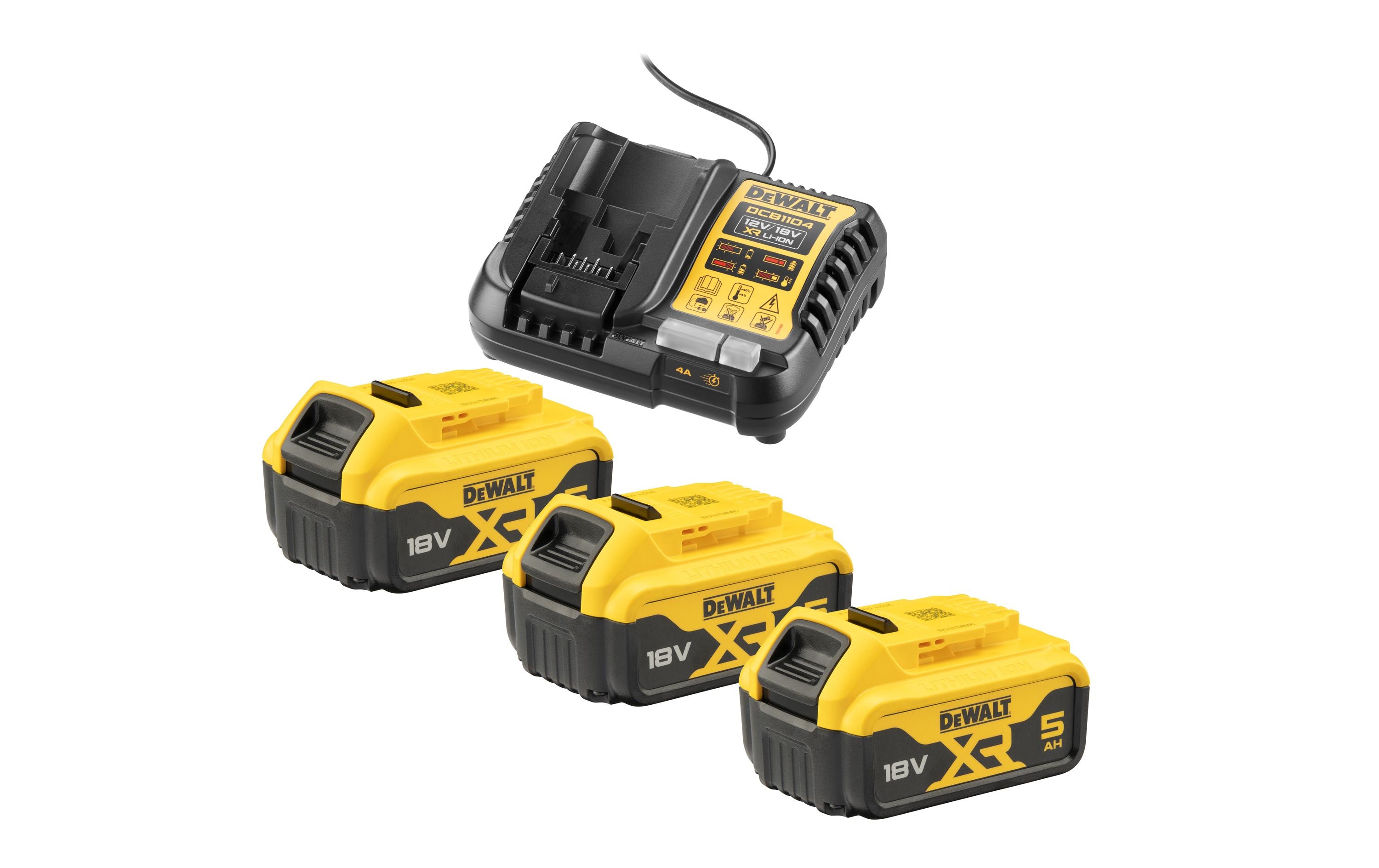 Akku Starterset 3x 18 V 5 Ah & DCB1104 Ladegerät<br>Dewalt XR 18V Akku Starter-Kit mit Schnellladegerät