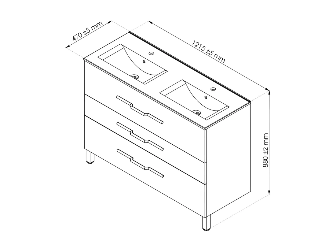 Meuble double vasque 3 tiroirs 120 cm Chêne - LANA - L 121.5 x l 47 x H 88 cm