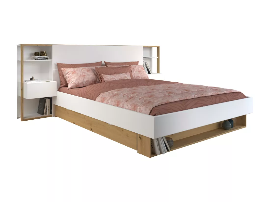 Lit avec chevets et rangements 160 x 200 cm - Coloris : Blanc et naturel + Sommier - MISTA