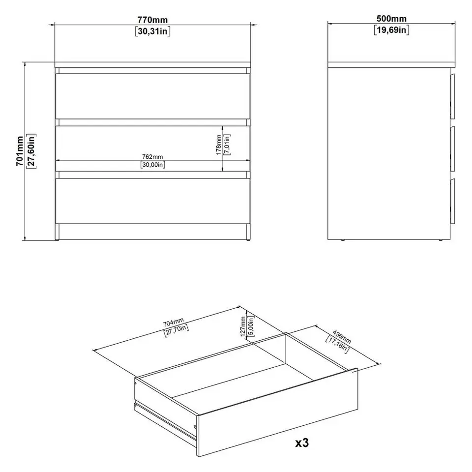 Ladekast Naia 3 lades - greige/eiken - 70,1x77x50 cm